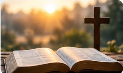 An open Bible in warm evening light